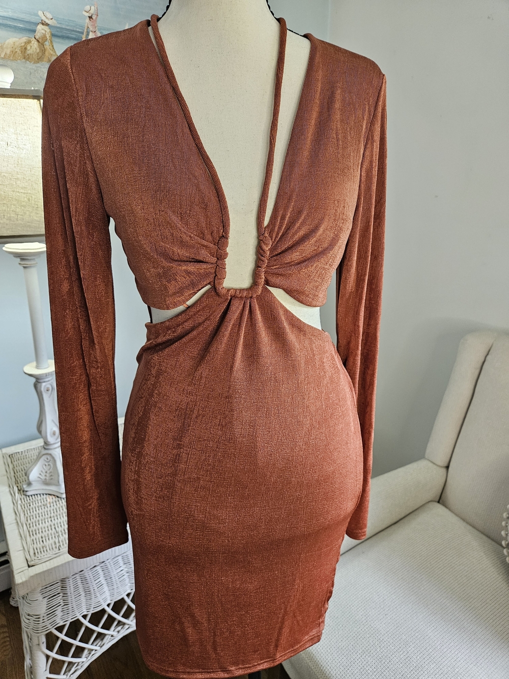 Ruched Cutout Long-Sleeve Bodycon Dress in Rust .p51